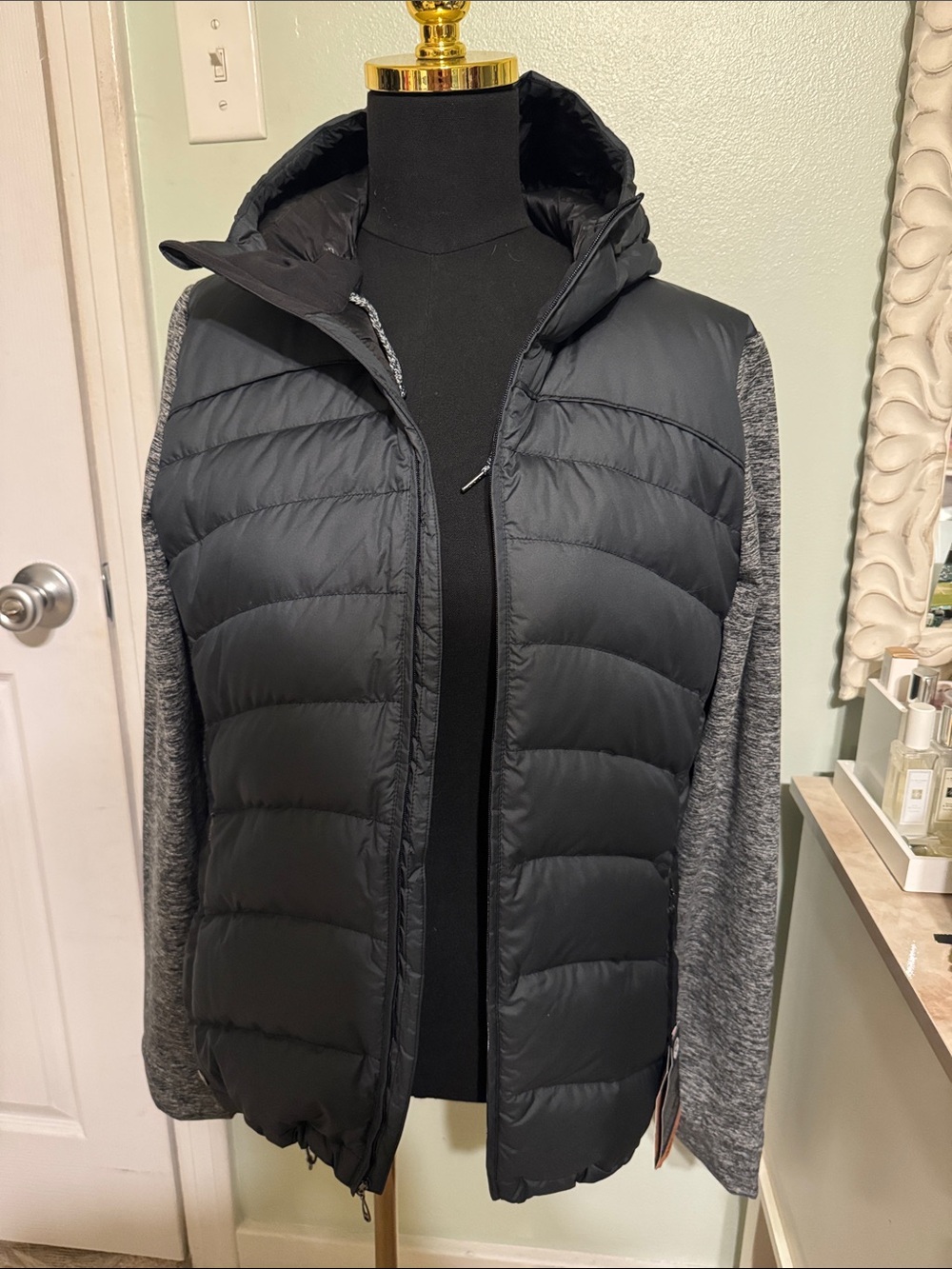 Women’s Outdoor Research Black Down Puffer Jacket with Gray Knit Sleeves and Hoo